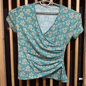 GUBERRY Blouse Women XL Green Tan All Over Print Short Sleeve Faux Wrap Y2K